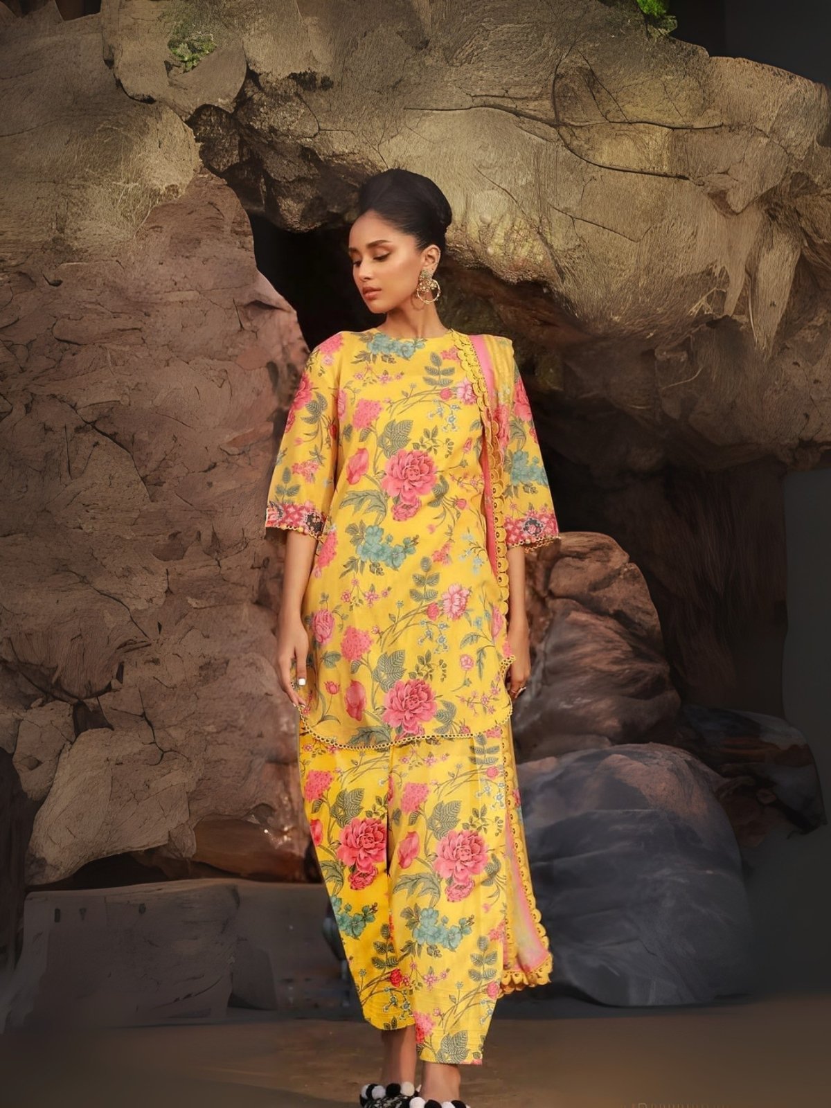 Model Wearing Digital Print Khaddar Suit in Pale Orange