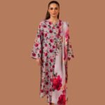 Model Wearing Digital Print Khaddar Suit in Pastel Grey