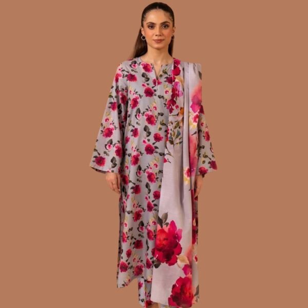 Model Wearing Digital Print Khaddar Suit in Pastel Grey