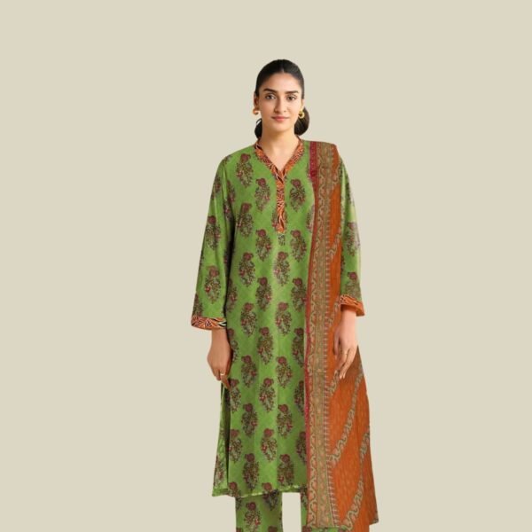 Model Wearing Digital Print Khaddar Suit in Trendy Green