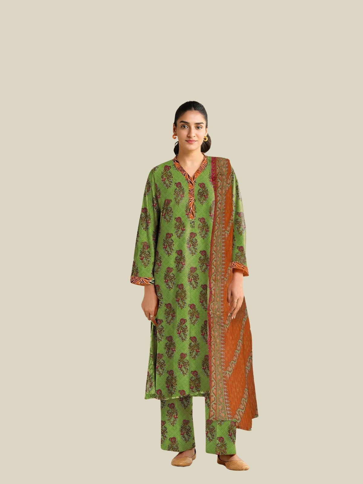 Model Wearing Digital Print Khaddar Suit in Trendy Green