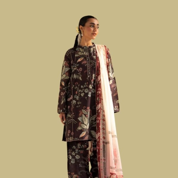 Model Wearing Digital Print Khaddar Suit in Charcoal