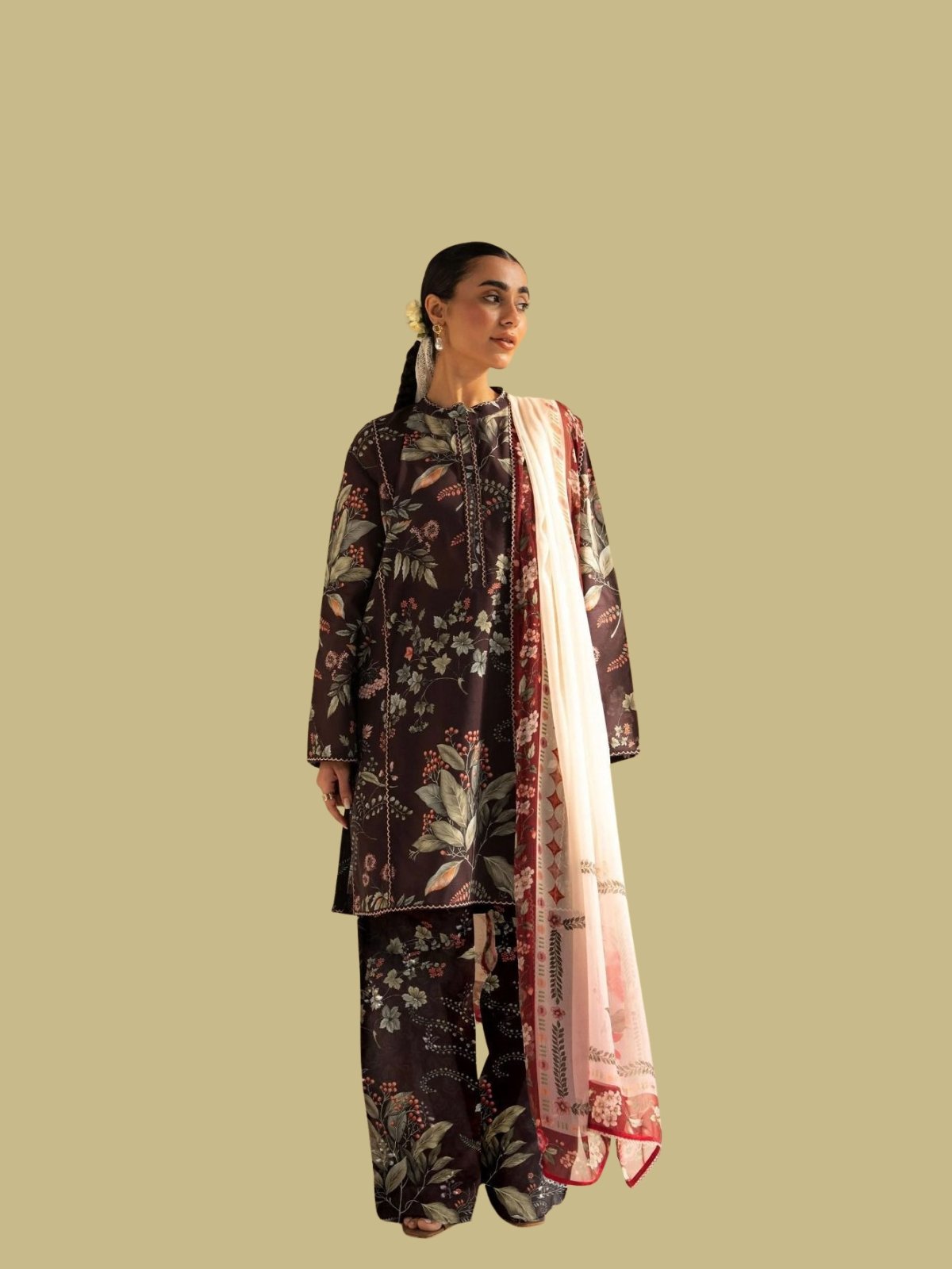 Model Wearing Digital Print Khaddar Suit in Charcoal