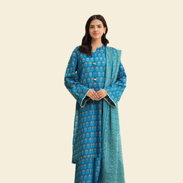 Model Wearing Digital Print Khaddar Suit in Deep Sea Blue