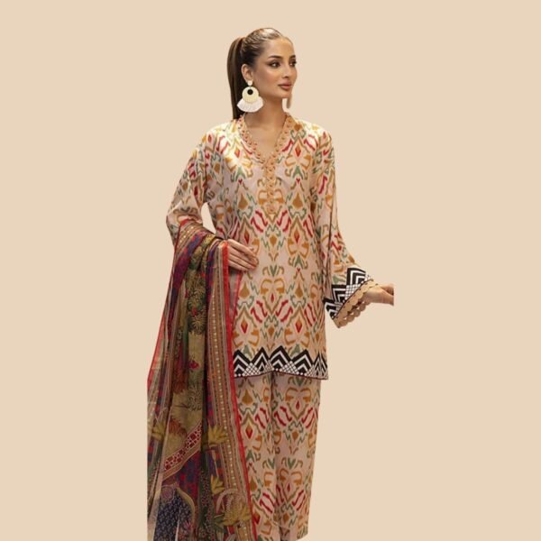 Model Wearing Digital Print Khaddar Suit in Pale Slate