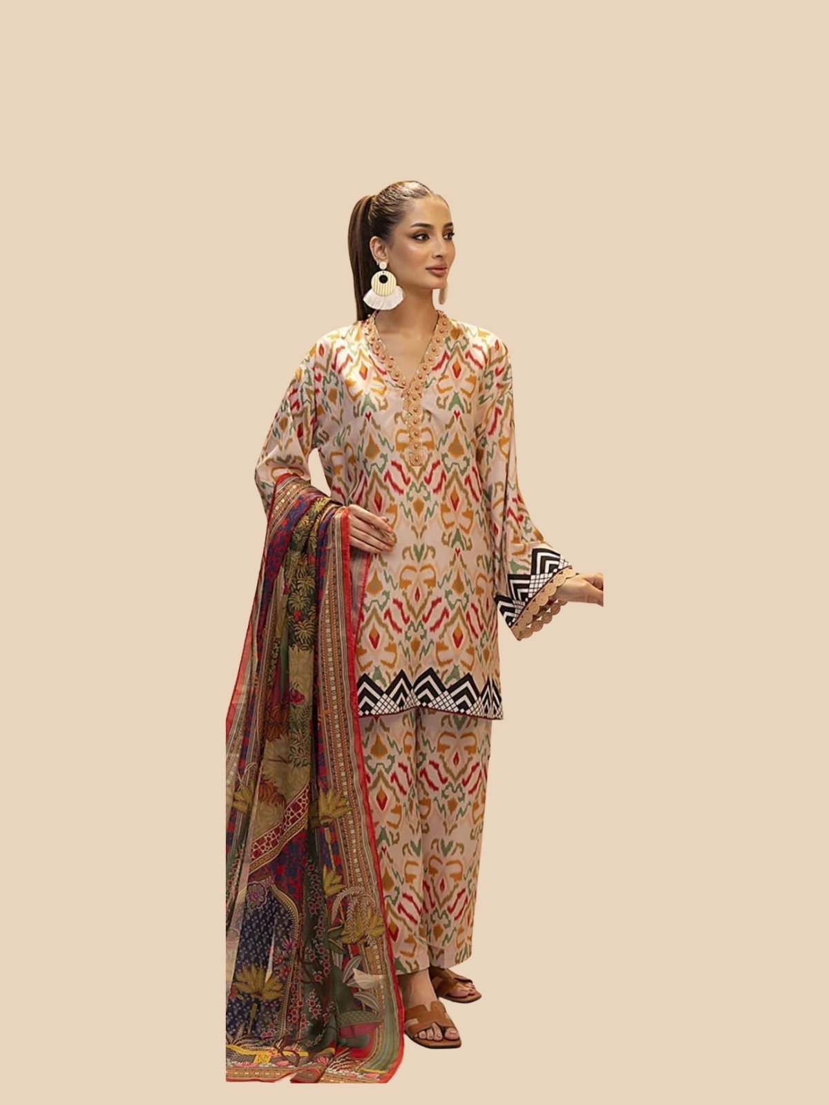 Digital Print Khaddar Suit in Pale Slate Model Wearing Digital Print Khaddar Suit in Pale Slate