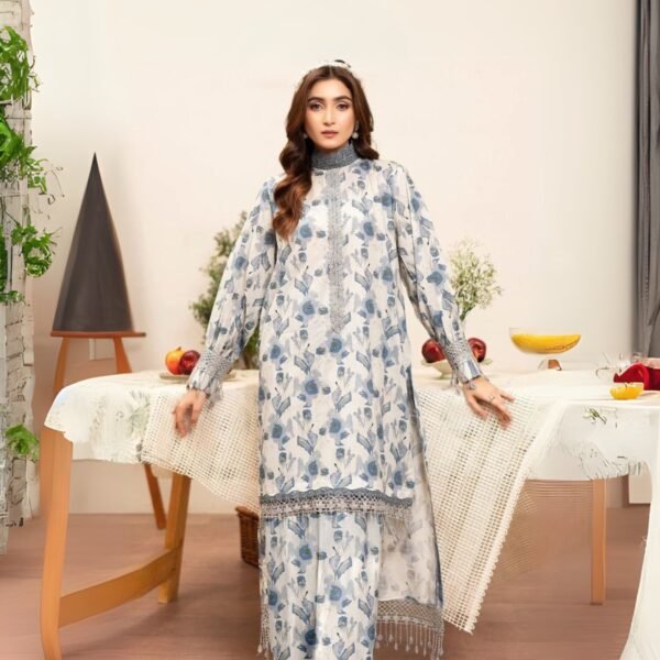 Model Wearing Digital Print Khaddar Suit in Green Mist