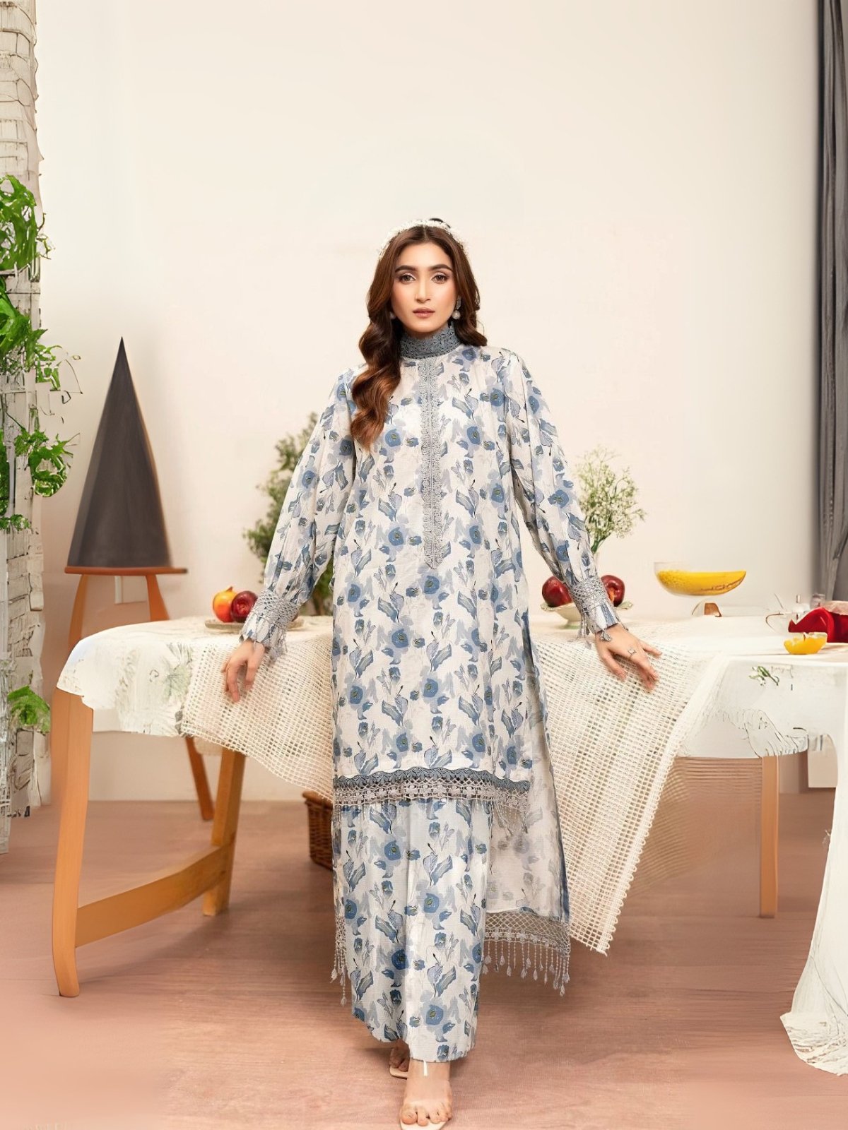 Model Wearing Digital Print Khaddar Suit in Green Mist