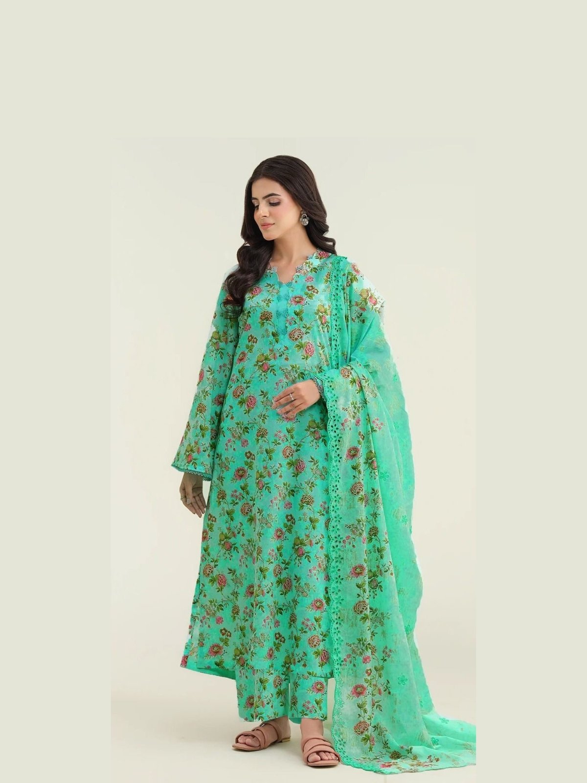 Model Wearing Digital Print Khaddar Suit in Greeny Blue