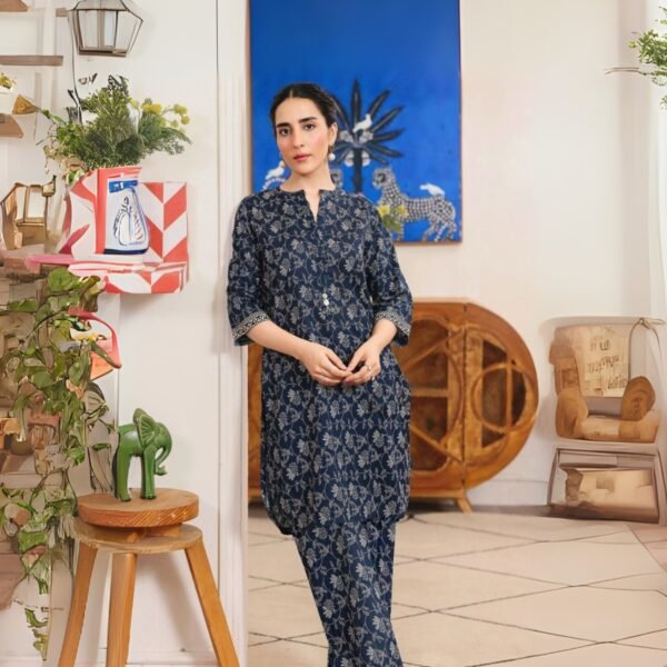 Model Wearing Digital Print Khaddar Suit in Blue Jay