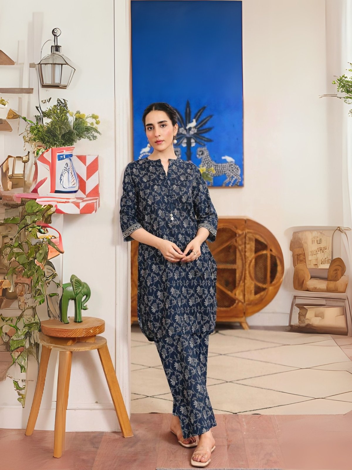 Digital Print Khaddar Suit in Blue Jay Model Wearing Digital Print Khaddar Suit in Blue Jay