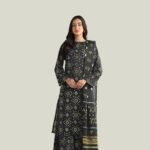 Model Wearing Digital Print Khaddar Suit in Timber Green