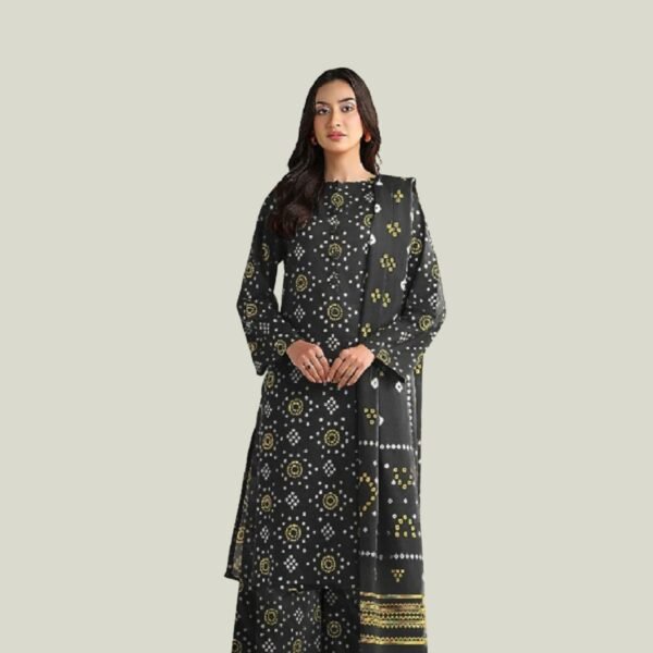 Model Wearing Digital Print Khaddar Suit in Timber Green