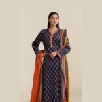 Model Wearing Digital Print Khaddar Suit in Blue Zodiac