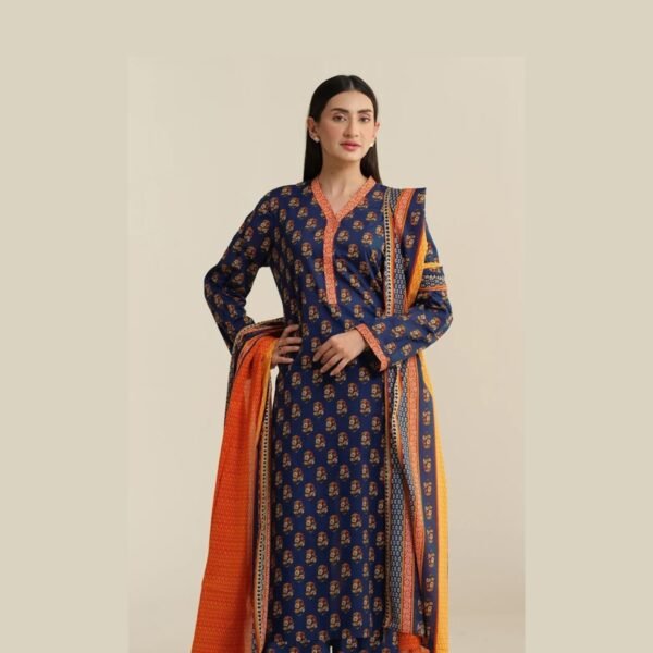 Model Wearing Digital Print Khaddar Suit in Blue Zodiac