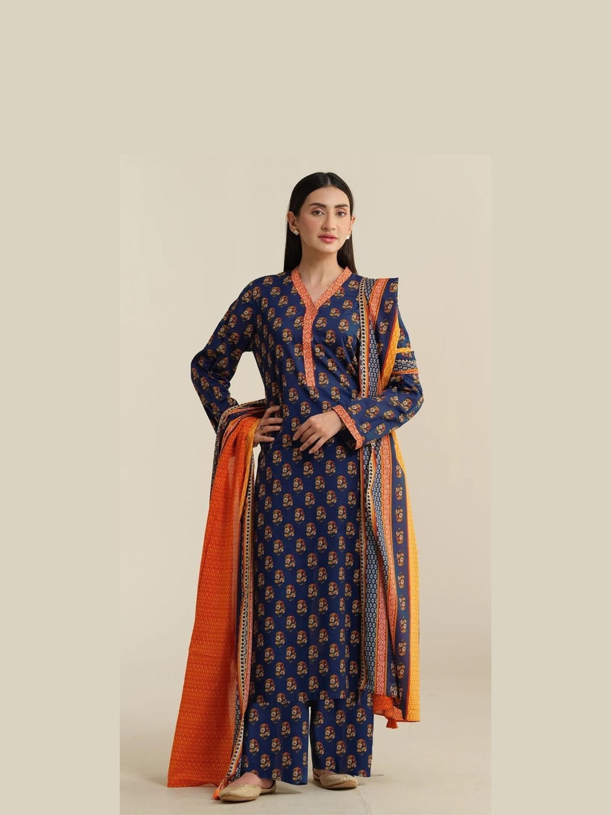 Model Wearing Digital Print Khaddar Suit in Blue Zodiac