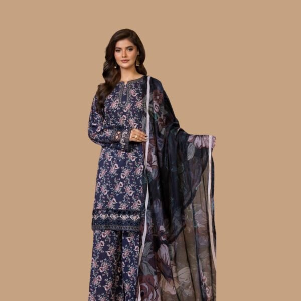 Model Wearing Digital Print Khaddar Suit in Blue Zodiac