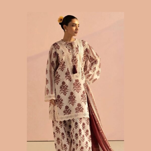 Model Wearing Digital Print Khaddar Suit in Light Peach