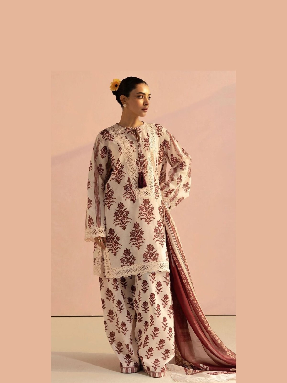 Digital Print Khaddar Suit in Light Peach Model Wearing Digital Print Khaddar Suit in Light Peach