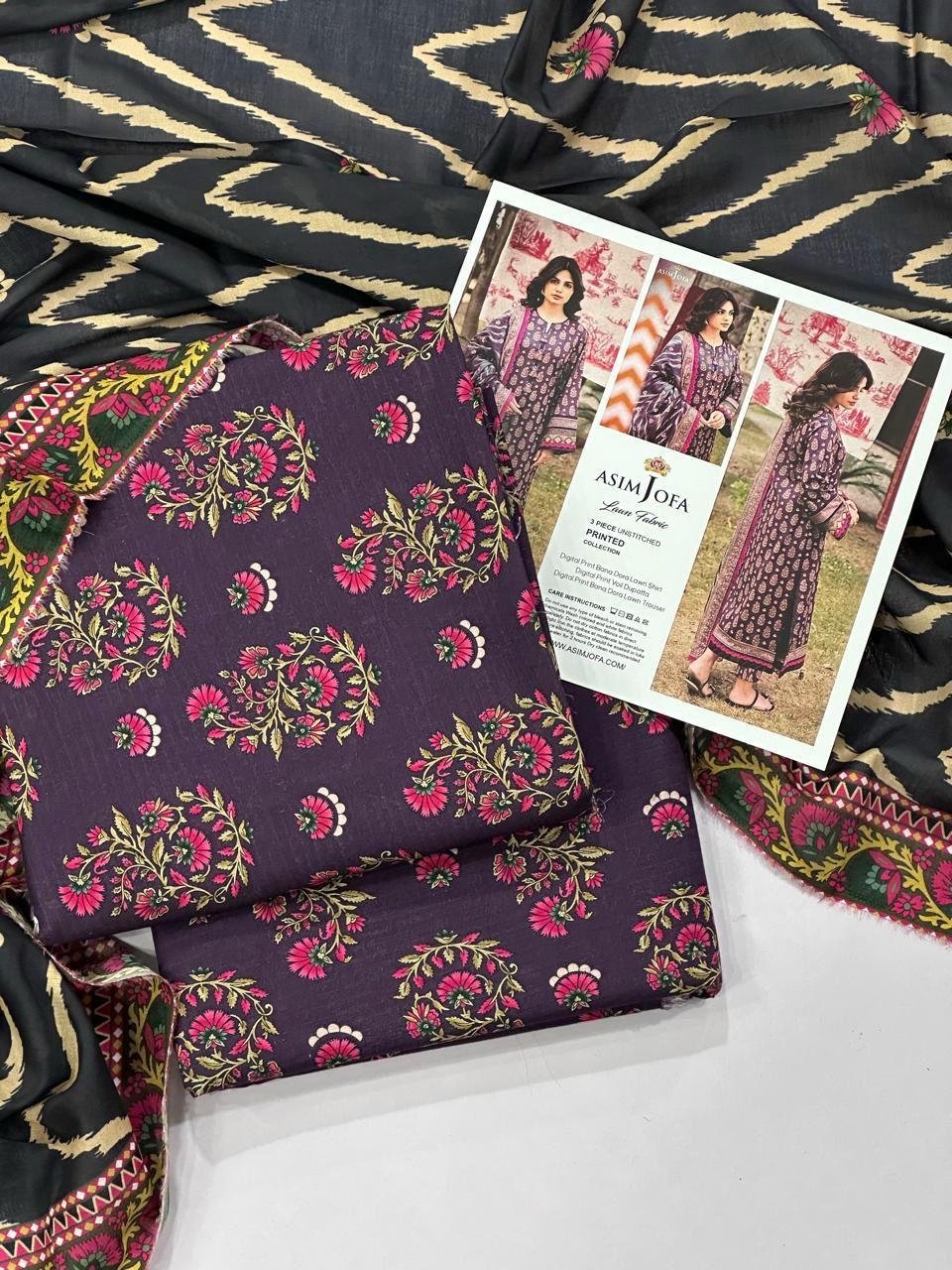 Asim Jofa Lawn Unstitched 3 Piece Suit in Purple Taupe