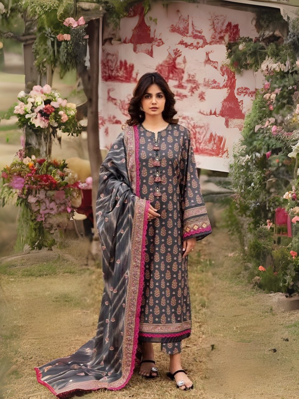 model wearing Suit in Purple Taupe