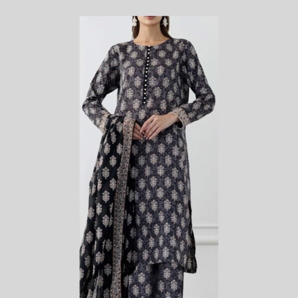 Model Wearing Digital Print Khaddar Suit in Black