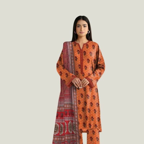 Model Wearing Digital Print Khaddar Suit in Pale Red