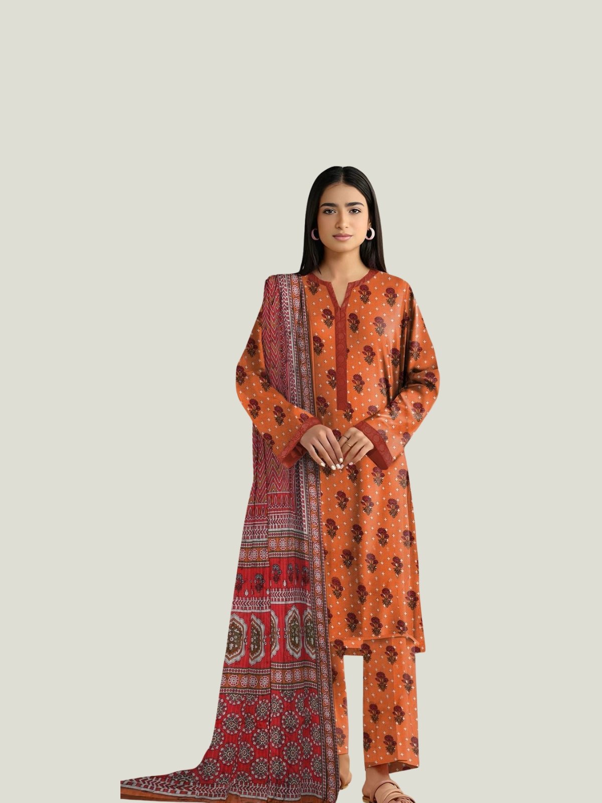 Digital Print Khaddar Suit in Pale Red Model Wearing Digital Print Khaddar Suit in Pale Red