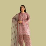 Model Wearing Digital Print Khaddar Suit in Solid Pink