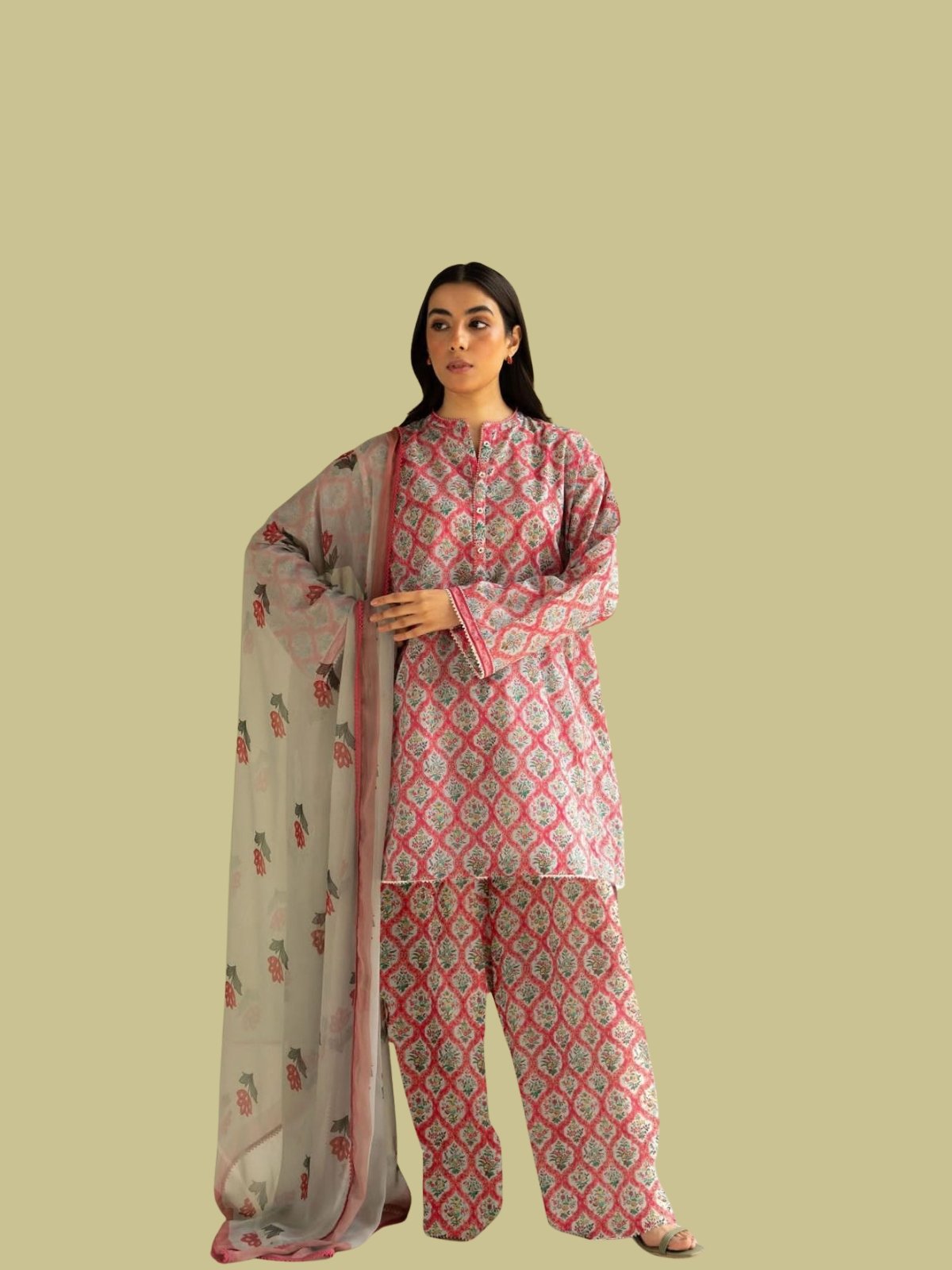 Digital Print Khaddar Suit in Solid Pink Model Wearing Digital Print Khaddar Suit in Solid Pink