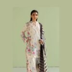 Model Wearing Digital Print Khaddar Suit in Beryl Green