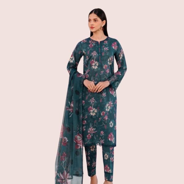 Model Wearing Digital Print Khaddar Suit in Dark Grey Blue