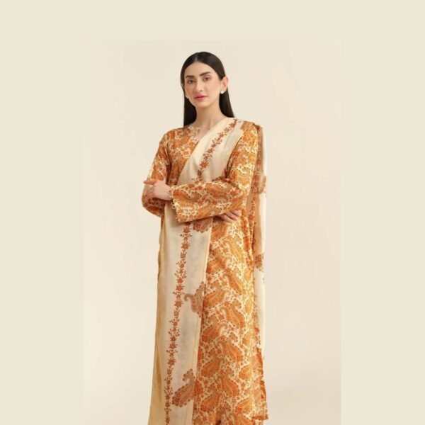 Model Wearing Digital Print Khaddar Suit in Vanilla