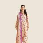 Model Wearing Digital Print Khaddar Suit in Ash Grey