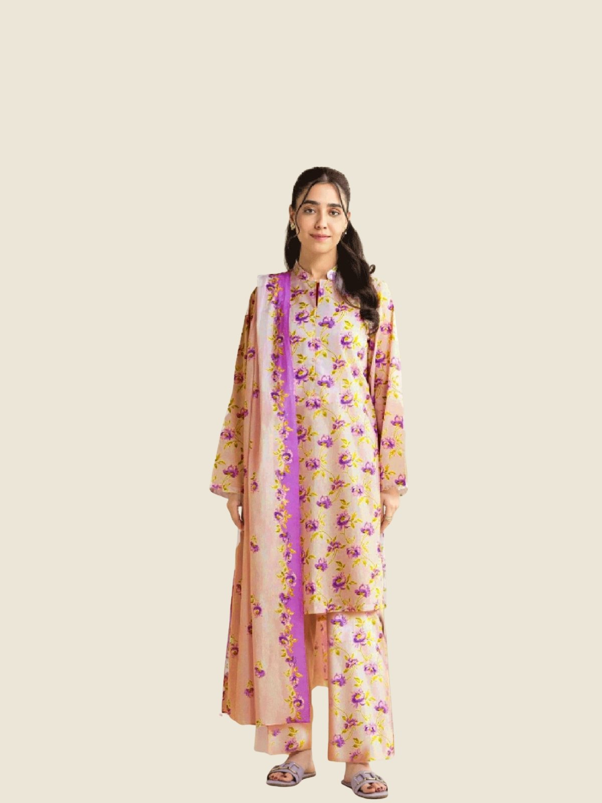 Model Wearing Digital Print Khaddar Suit in Ash Grey