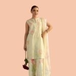 Model Wearing Digital Print Khaddar Suit in Brown Smoke