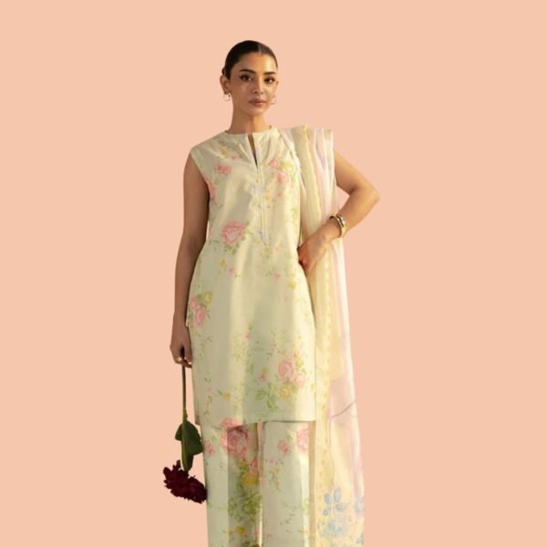 Model Wearing Digital Print Khaddar Suit in Brown Smoke