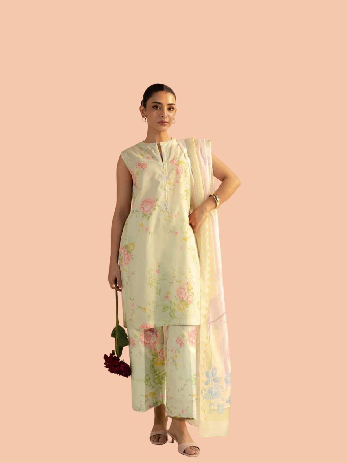 Digital Print Khaddar Suit in Brown Smoke Model Wearing Digital Print Khaddar Suit in Brown Smoke