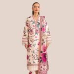 Model Wearing Digital Print Khaddar Suit in Quill Grey