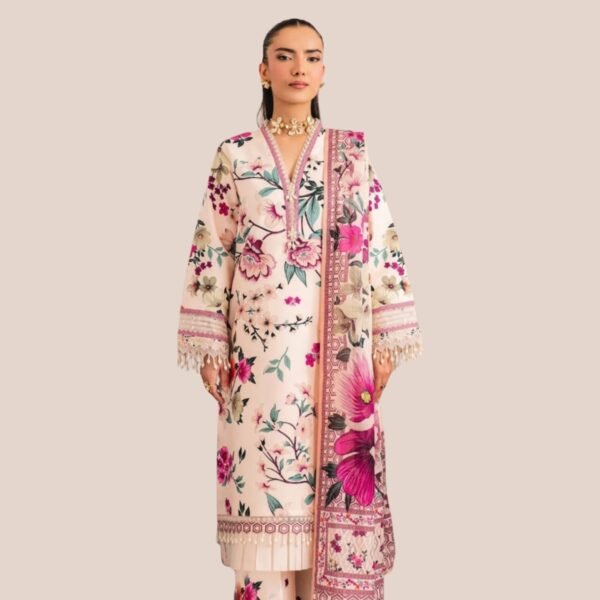 Model Wearing Digital Print Khaddar Suit in Quill Grey