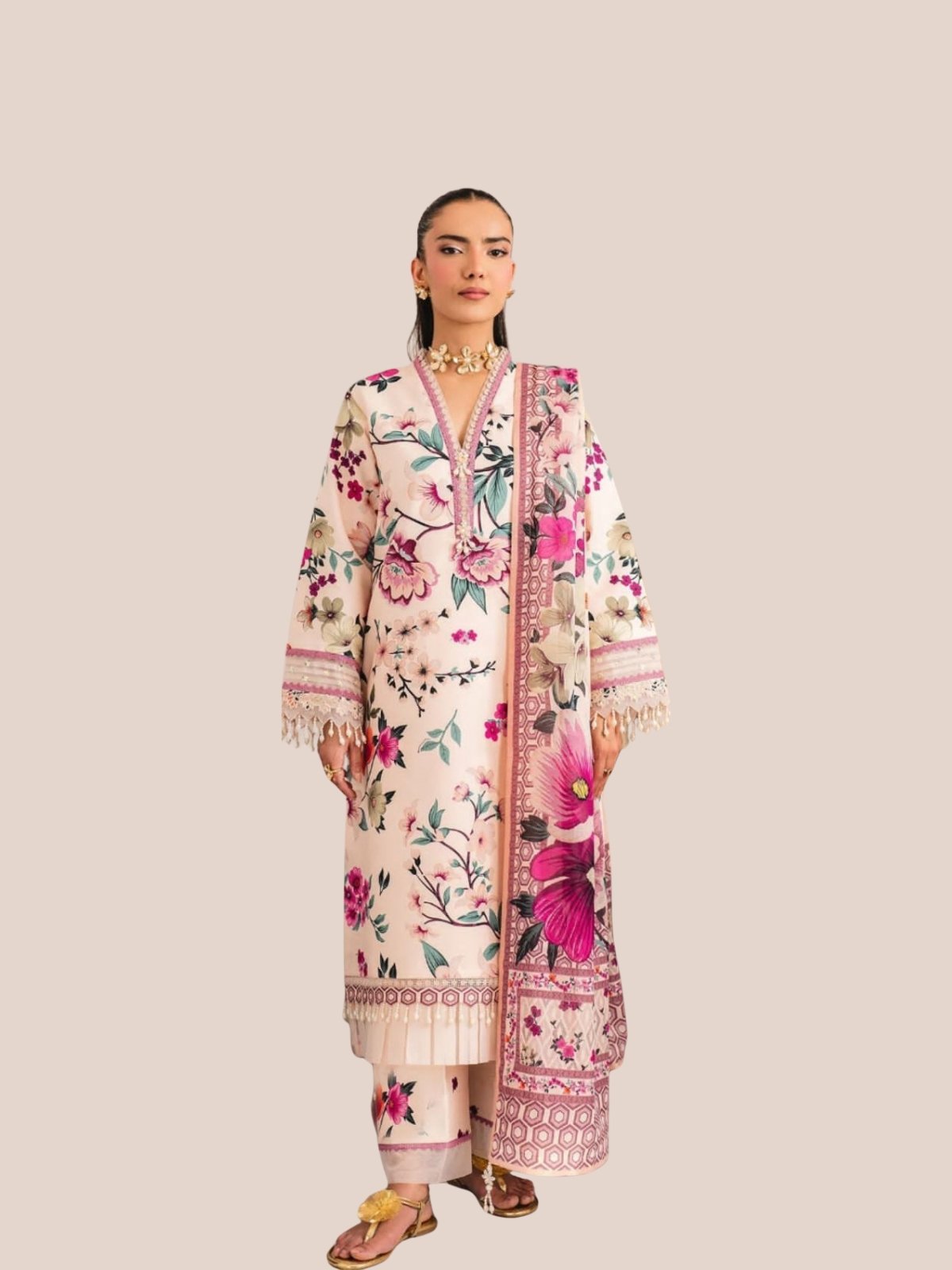 Model Wearing Digital Print Khaddar Suit in Quill Grey