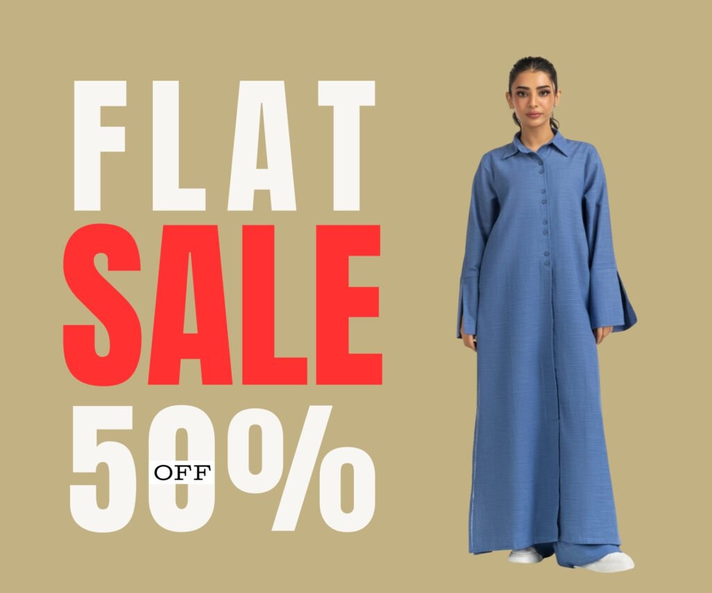 Woman in a long blue Western dress with white sneakers next to 'FLAT SALE 50% OFF' text on a beige background.